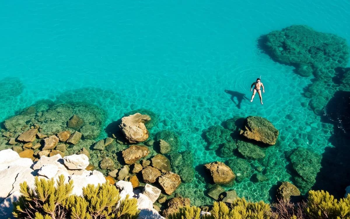 Cala Azzurra Favignana: acqua trasparente turchese con scogli e bagnante che fa snorkeling