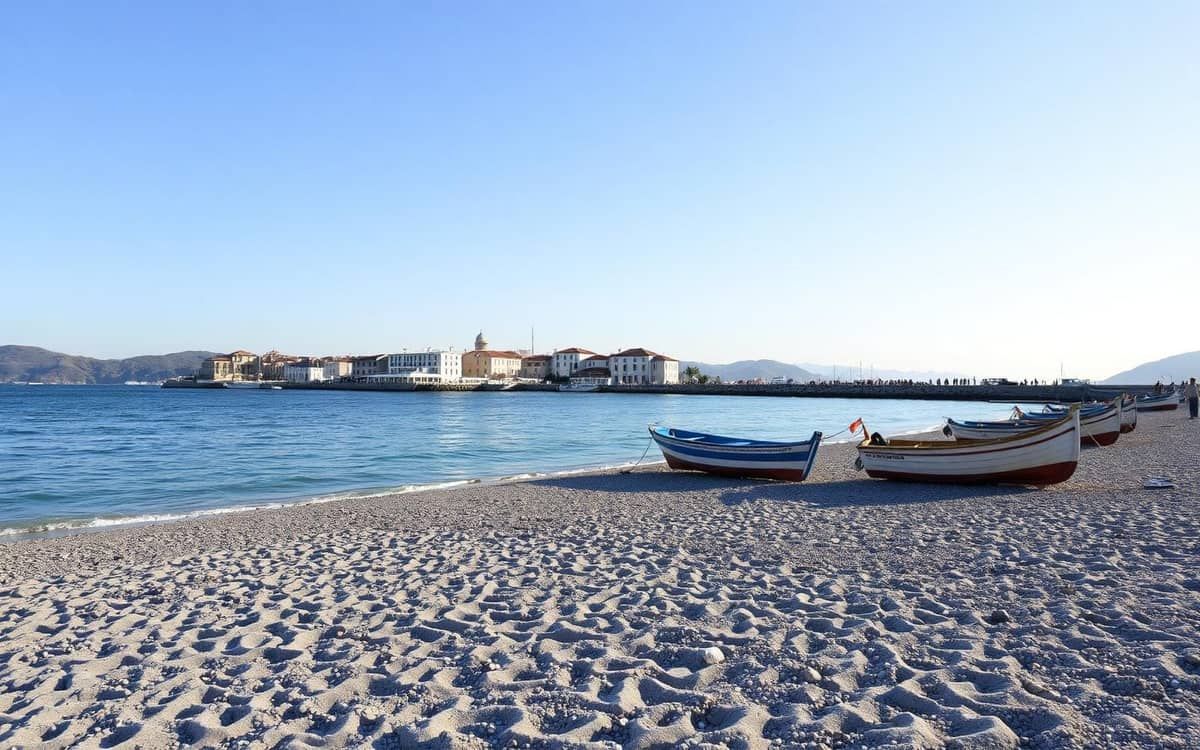 Spiaggia della Praia a Favignana: barche di pescatori a riva e case bianche del paese