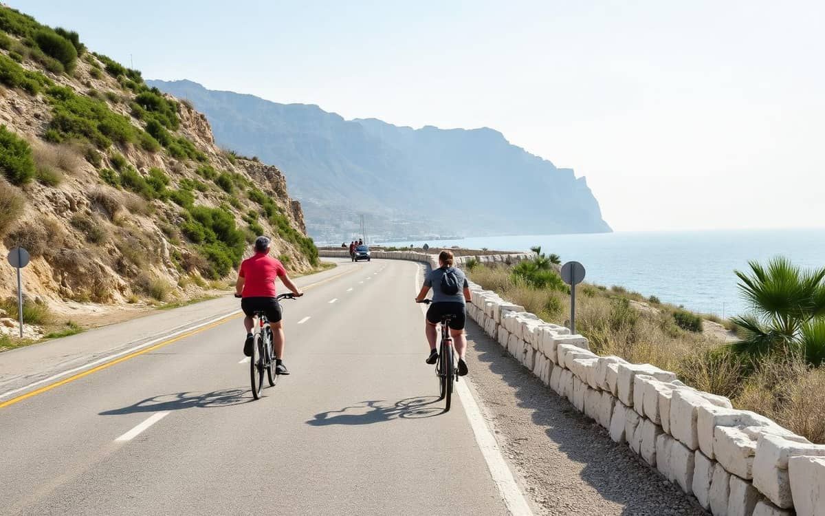 Turisti in bicicletta lungo la strada costiera di Favignana con vista sul mare